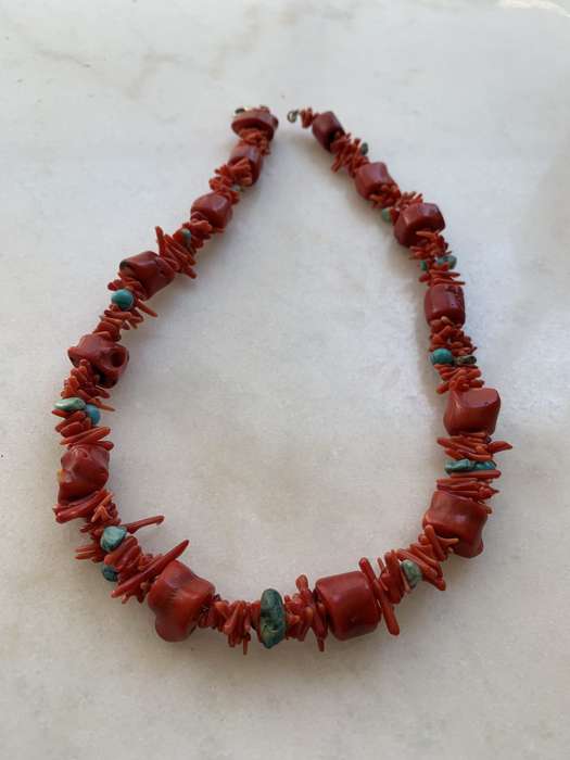 Necklace - Coral With Different Shapes of Mainly Red and Some Blue Coral Beads #ML793
