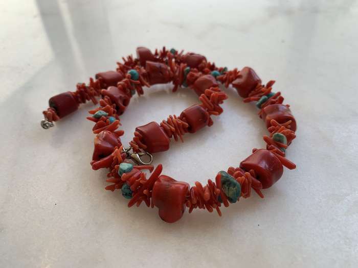 Necklace - Coral With Different Shapes of Mainly Red and Some Blue Coral Beads #ML793