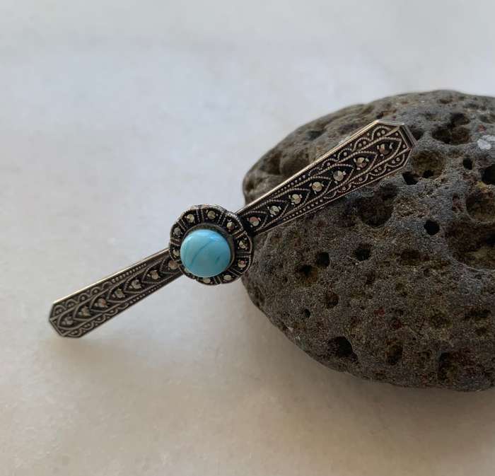 Silver Marcasite Brooch With Light Blue Stone Set In Flower In Centre #ML807 R395.00 | Dimensions...