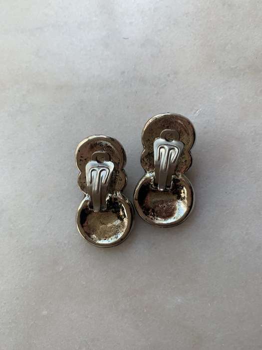Silver Colour Metal Decorative Earrings With Oval Black Stone Centre #ML819| Dimensions: 36mm x 19mm