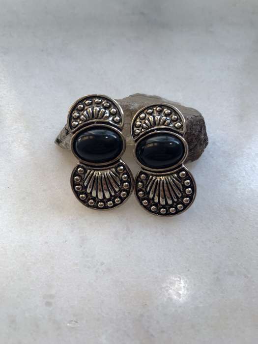 Silver Colour Metal Decorative Earrings With Oval Black Stone Centre #ML819| Dimensions: 36mm x 19mm