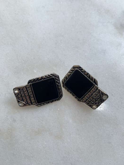 Silver Tone Clip-On Rectangle Shape Earrings With Black Colour Square and 2 white diamante beads ...