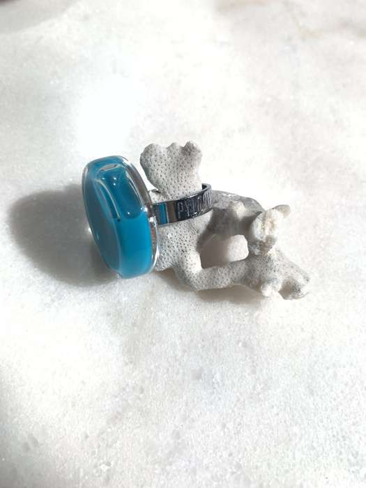 Handmade Pylones Ring - Blown Glass With Turquoise Blue Liquid Inside Central Round Glass Top #ML...