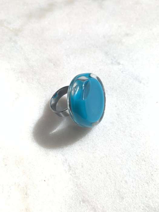 Handmade Pylones Ring - Blown Glass With Turquoise Blue Liquid Inside Central Round Glass Top #ML...