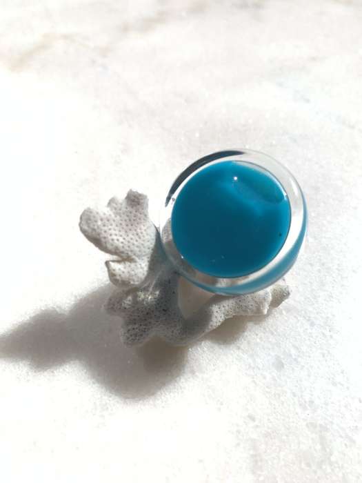 Handmade Pylones Ring - Blown Glass With Turquoise Blue Liquid Inside Central Round Glass Top #ML...