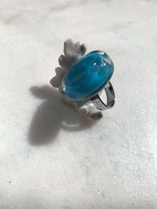 Handmade Pylones Ring - Blown Glass With Turquoise Blue Liquid Inside Central Round Glass Top #ML...