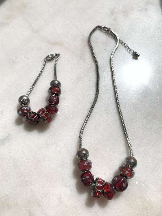 Silver Tone Necklace & Bracelet Set With Red And Silver Pendants #ML851| Dimensions: Necklace is ...