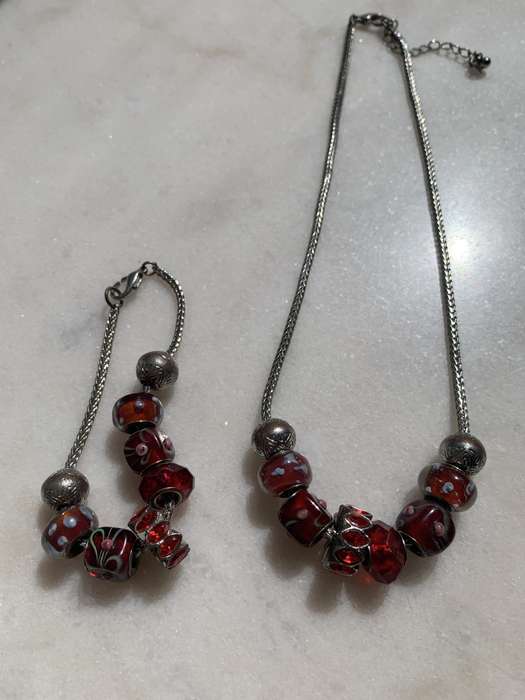 Silver Tone Necklace & Bracelet Set With Red And Silver Pendants #ML851| Dimensions: Necklace is ...