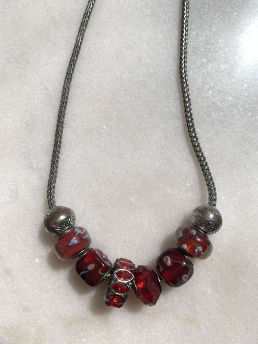 Silver Tone Necklace & Bracelet Set With Red And Silver Pendants #ML851| Dimensions: Necklace is ...