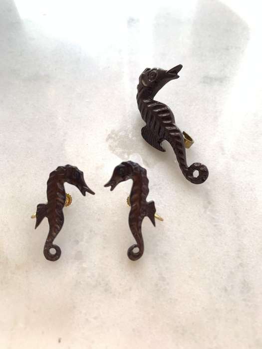 Plastic Seahorse Brooch & Earrings Set. Brown Colour #ML862  | Dimensions: Brooch is 57mm x 23mm,...