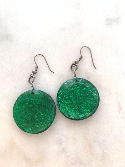 Earrings - Hanging Round Green Plastic Beads with Silver Colour Hooks #ML863