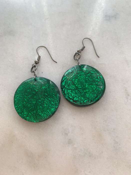 Earrings - Hanging Round Green Plastic Beads with Silver Colour Hooks #ML863