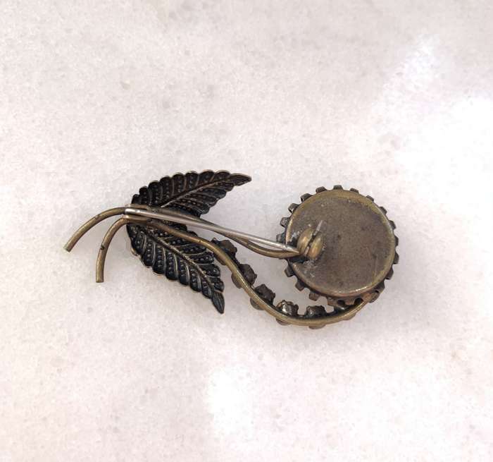 Rustic Bronze Flower Brooch With Black Mabe Style Stone & Diamante With Rustic Bronze Leaves #ML8...