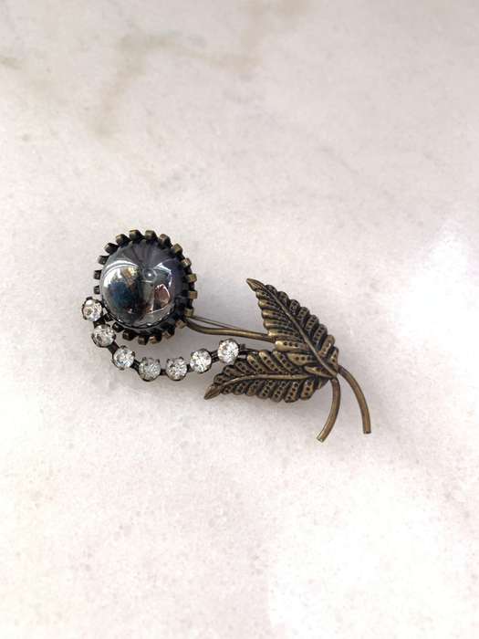 Rustic Bronze Flower Brooch With Black Mabe Style Stone & Diamante With Rustic Bronze Leaves #ML8...