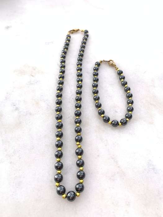 Necklace and Bracelet Set. Beaded Hermatite With Gold Colour Beads In Between #ML901 R395.00| Di...
