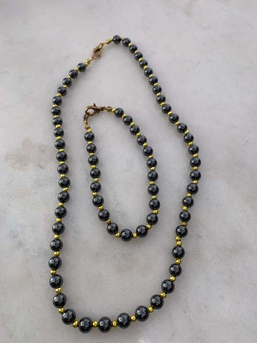 Necklace and Bracelet Set. Beaded Hermatite With Gold Colour Beads In Between #ML901 R395.00| Di...