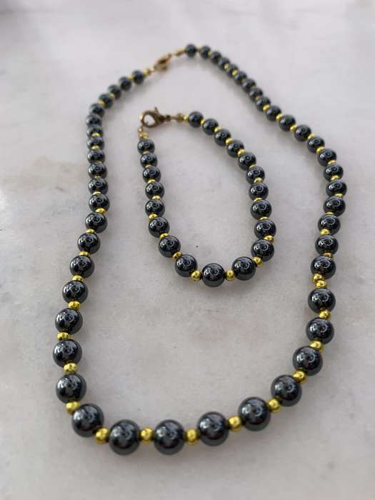 Necklace and Bracelet Set. Beaded Hermatite With Gold Colour Beads In Between #ML901 R395.00| Di...