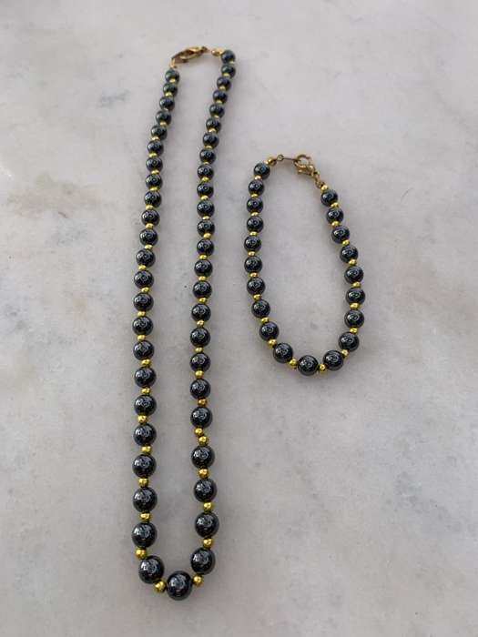 Necklace and Bracelet Set. Beaded Hermatite With Gold Colour Beads In Between #ML901 R395.00| Di...