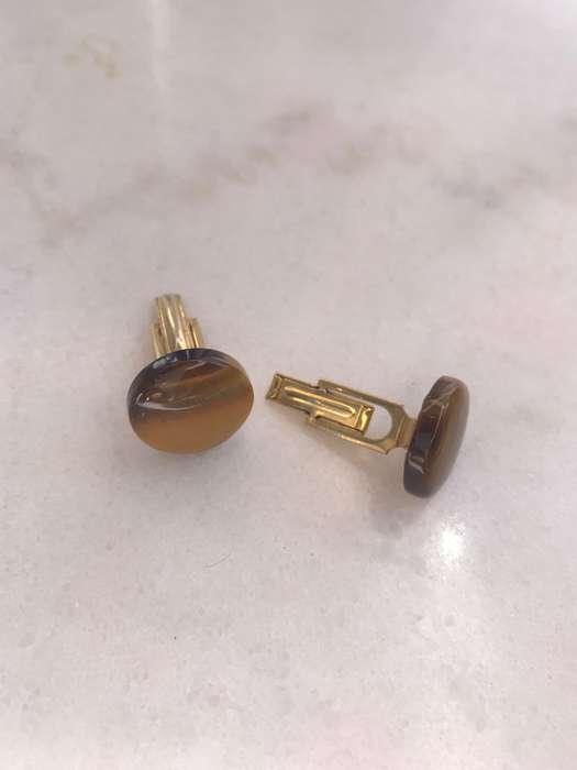 Cufflinks - Metal Cufflinks With Round Tigers Eye. Gold Colour #ML924