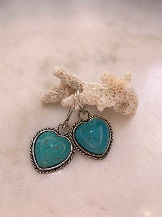 Earrings - Large Turquoise Heart Earrings, Set in Silver Tone Metal with Shepherd's Hook and 5 Sm...