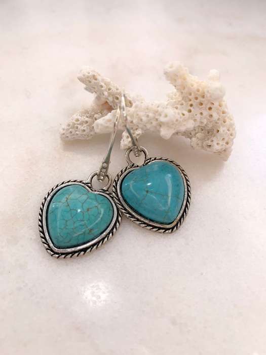 Earrings - Large Turquoise Heart Earrings, Set in Silver Tone Metal with Shepherd's Hook and 5 Sm...