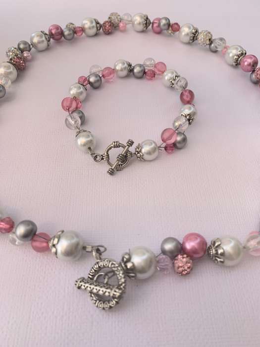 Necklace & Bracelet Set - Round Pink, White and Silver Studded Beads #ML1029 R220.00 | Dimensions...