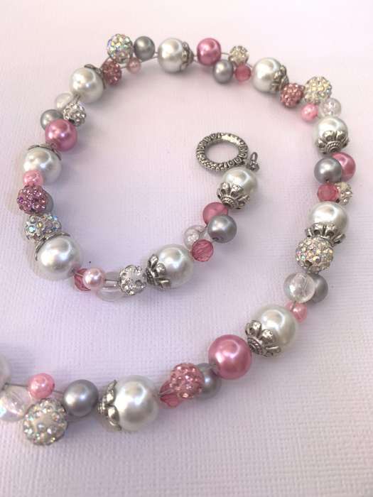 Necklace & Bracelet Set - Round Pink, White and Silver Studded Beads #ML1029 R220.00 | Dimensions...