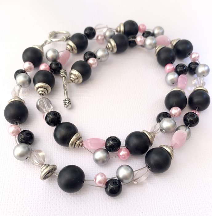 Necklace - Black, Pink, Silver and Clear Beads On Wire With Silver Colour Clasp #ML1031 R220.00 |...