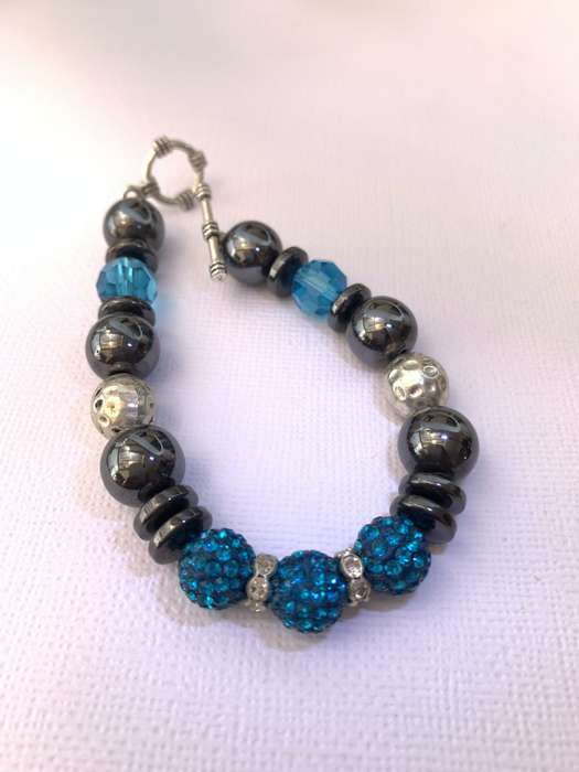 Bracelet - Blue, Grey and Silver Beads On Wire With Silver Colour Clasp #ML1032 R220.00 | Dimensi...