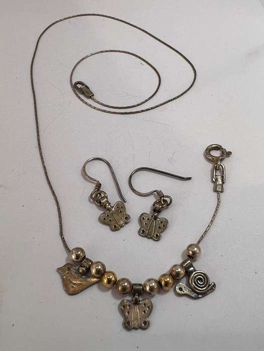 Set - Silver Gilt Chain With 3 Charms and Silver Gilt Butterfly Earrings On Shephards Hook. Brand...
