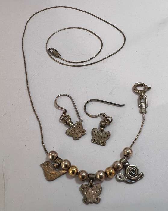 Set - Silver Gilt Chain With 3 Charms and Silver Gilt Butterfly Earrings On Shephards Hook. Brand...
