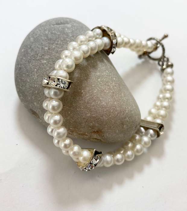 Bracelet - Double Strand Freshwater Pearls With Separated By White Diamante. Silver Colour Clasp ...