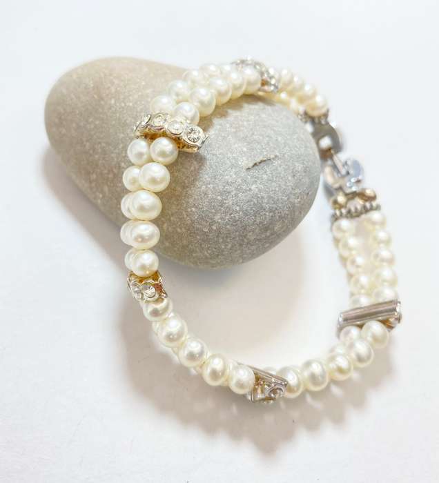 Bracelet - Double Strand Freshwater Pearls With Separated By White Diamante On Gold Colour Bands ...