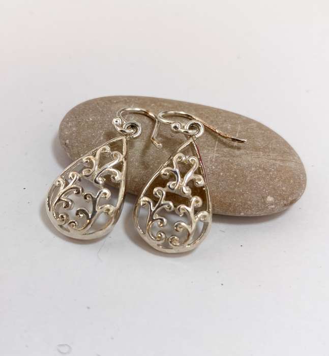 Earrings - Sterling Silver Tear Drops With Twirly Design #ML1315