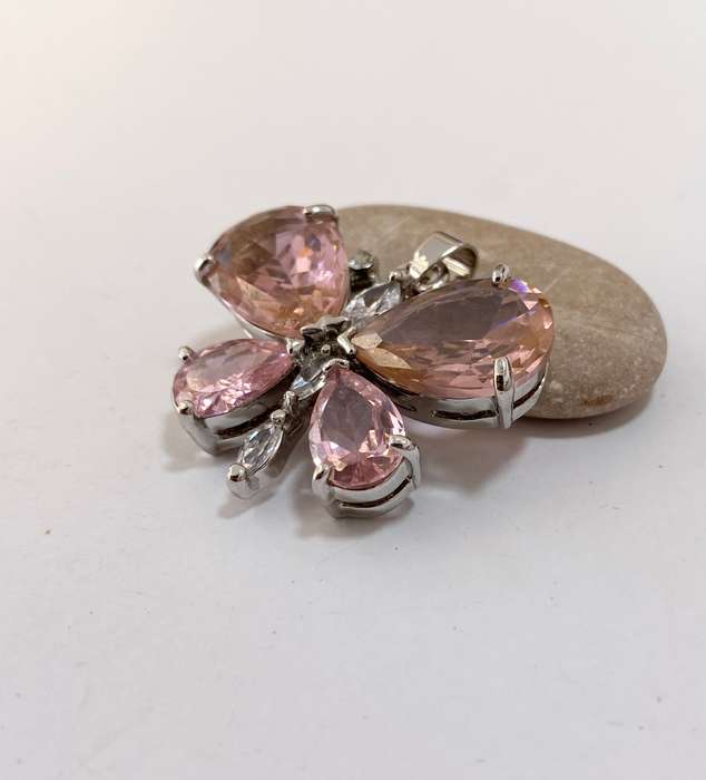 Pendant - Light Rose Gemstone Butterfly & Clear Stones. Silver Colour #ML1317