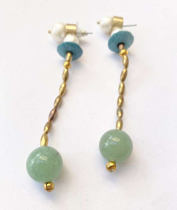 Earrings - Art Deco With Pearls, Amazonite and Jade Stones. Gold Colour #ML1352