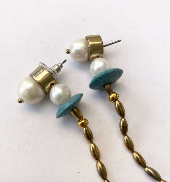 Earrings - Art Deco With Pearls, Amazonite and Jade Stones. Gold Colour #ML1352