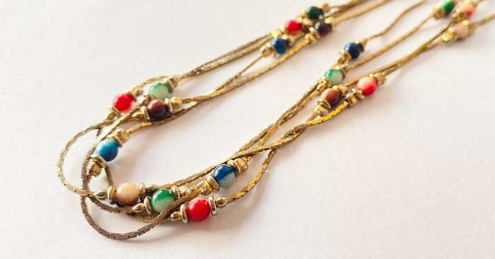 Necklace - 3 Thin Strands with Coloured Beads. Gold Plated #ML1392