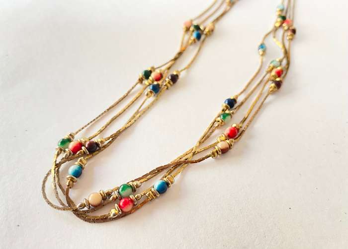 Necklace - 3 Thin Strands with Coloured Beads. Gold Plated #ML1392