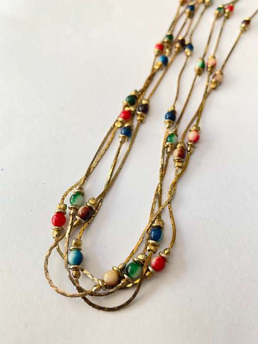 Necklace - 3 Thin Strands with Coloured Beads. Gold Plated #ML1392