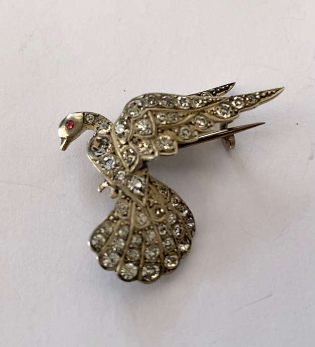 Brooch - Silver Egyptian Goose. Garnet Eye. Clear Crystals Embedded #ML1435