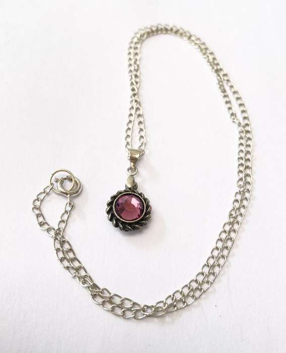 Necklace - Pendant with Purple Centre Stone and Swirly Pattern On Chain. Silver Coloured #ML1453