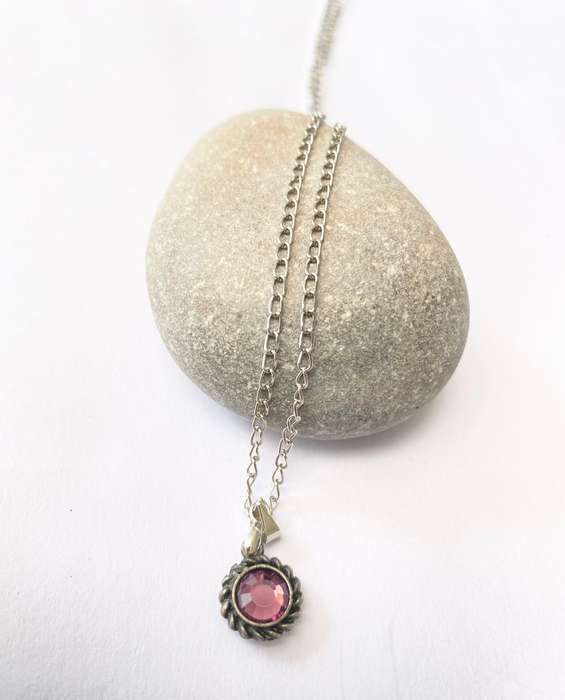 Necklace - Pendant with Purple Centre Stone and Swirly Pattern On Chain. Silver Coloured #ML1453