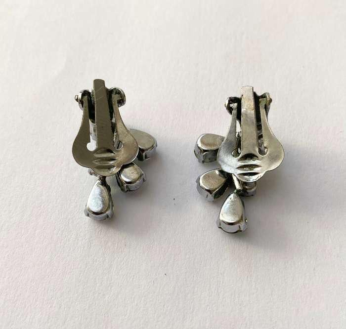 Earrings - Clip-ons With Reflective Chromatic Crystals. Teardrop and Diamond Crystals. Silver Col...