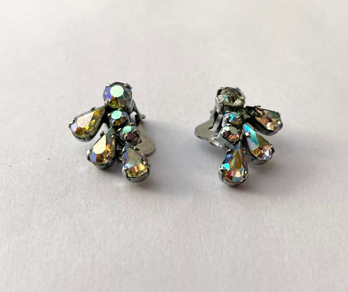 Earrings - Clip-ons With Reflective Chromatic Crystals. Teardrop and Diamond Crystals. Silver Col...