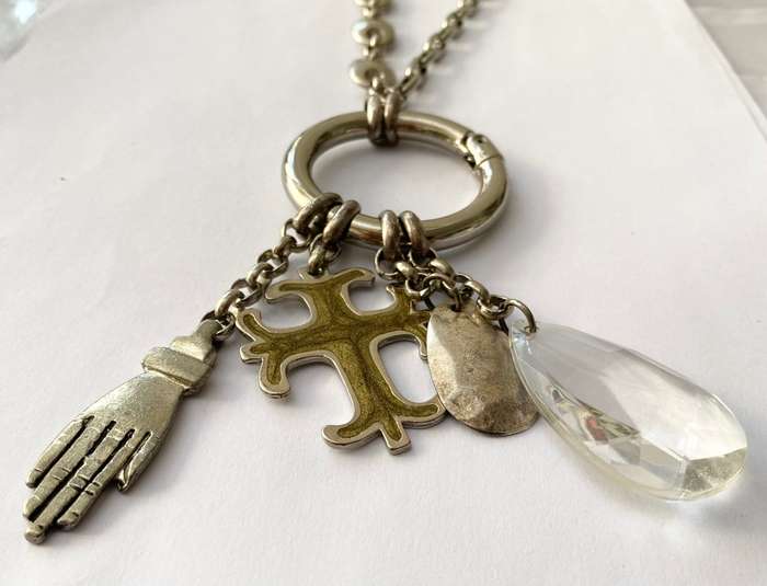 Necklace - Large Heavy Chain With Large Pendants: Celtic Cross, Teardrop Clear Stone, Teardrop Si...