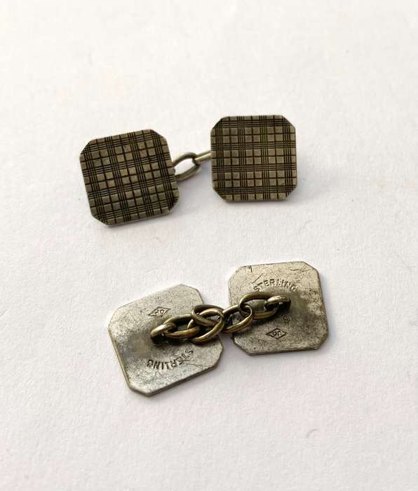 Cufflinks - Sterling Silver Vintage Cross Hatch. 1937. Owen Powell Birmingham #ML1489