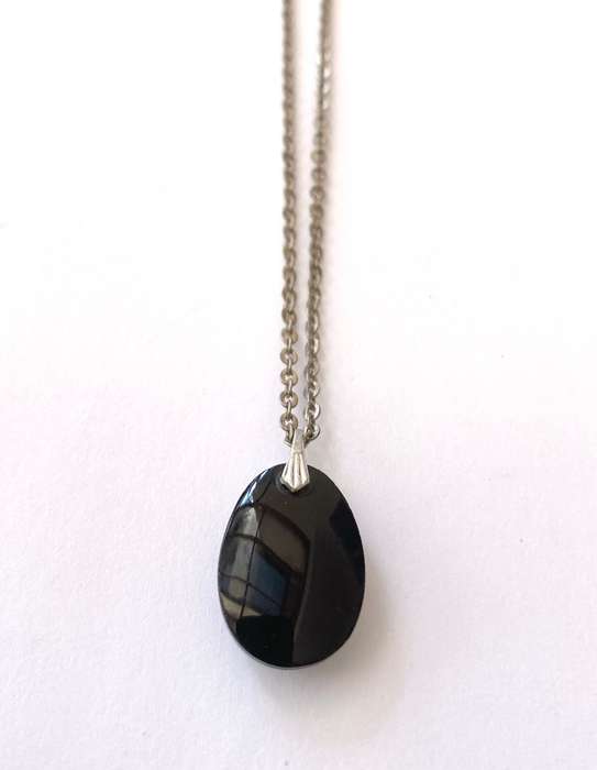 Pendant on Chain - Glass Cameo On Black Chromatic Stone. Silver Colour Chain #ML1500