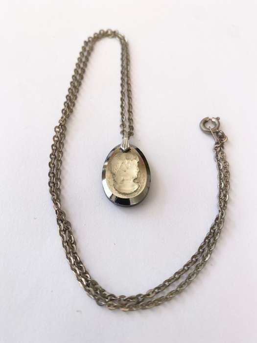 Pendant on Chain - Glass Cameo On Black Chromatic Stone. Silver Colour Chain #ML1500