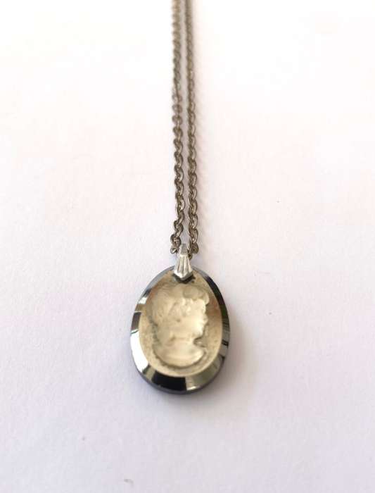 Pendant on Chain - Glass Cameo On Black Chromatic Stone. Silver Colour Chain #ML1500
